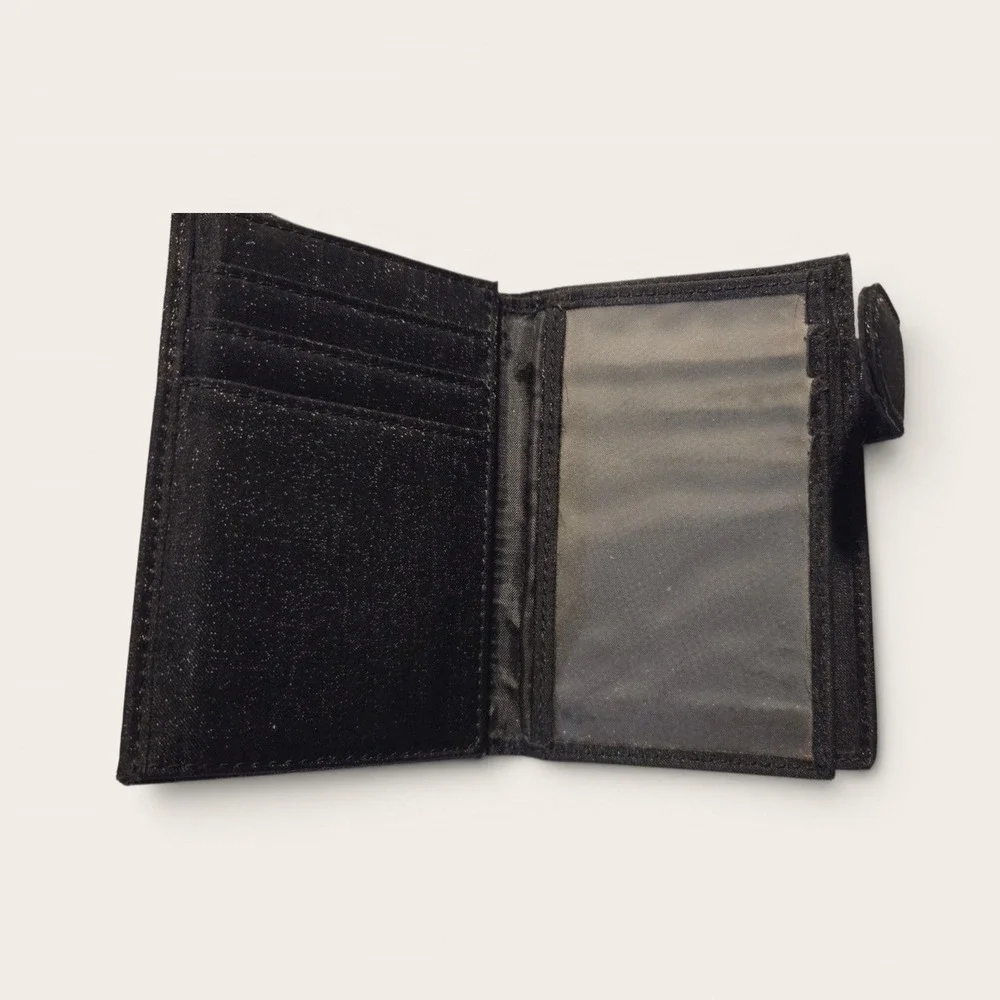 Kate Spade New York Black Shimmer Denim Bifold Card Case Wallet Snap Closure